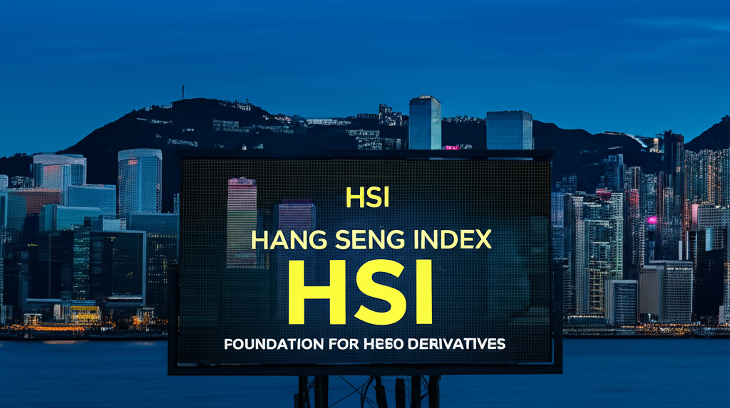 香港金融天際線圖示，大型數位螢幕顯示恒生指數HSI，代表藍籌股整體市場表現，受全球與中國大陸經濟影響的關鍵指標