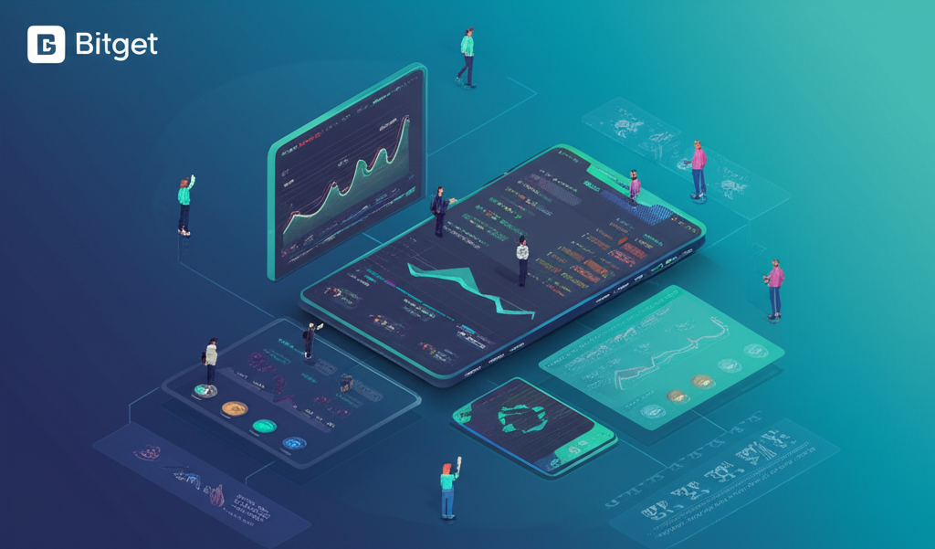 Bitget 交易所的安全功能與跟單交易插圖，展示全球用戶的數位金融中心