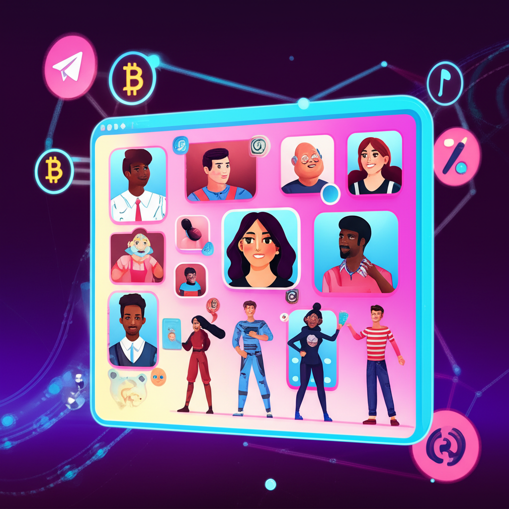 Illustration of diverse people interacting in a vibrant digital community representing various interests like crypto news and hobbies within a secure private space on Telegram global communication network