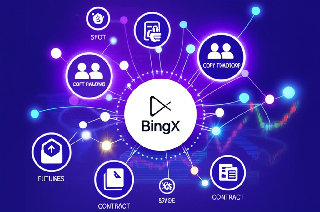 illustration of a global network connecting diverse users to a central BingX platform featuring a copy trading symbol a spot market chart and a futures contract icon