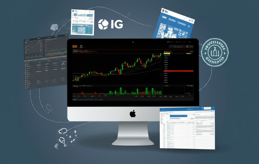 IG 平台介面顯示 HSCEI 期貨圖表與分析工具象徵安全與支持
