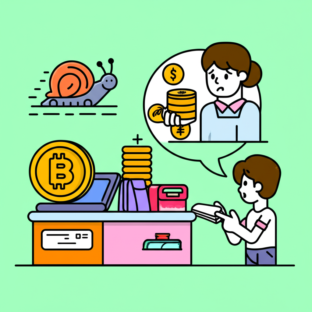 一位試圖用比特幣符號支付雜貨的人，面對交易緩慢、高額手續費等障礙，困惑的商家旁邊傳統貨幣流暢流通