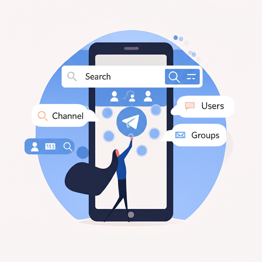 illustration of a user interacting with a Telegram app interface showing a prominent search bar and various filter icons like channels, groups, and users with search results appearing as floating bubbles