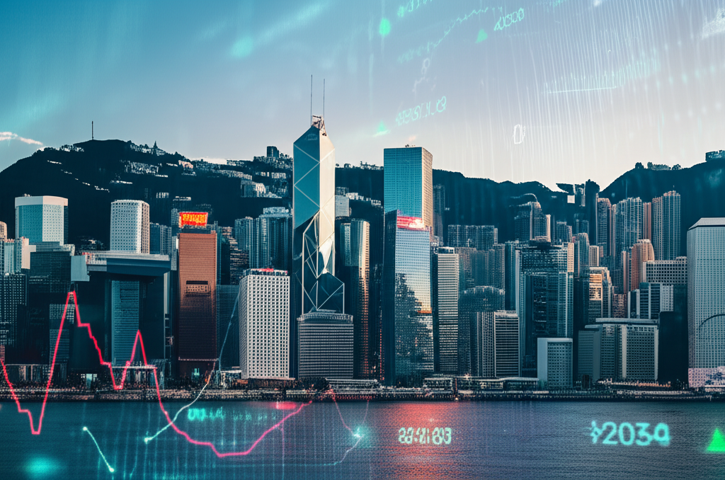Hong Kong skyline, forex charts, 2025, illustration