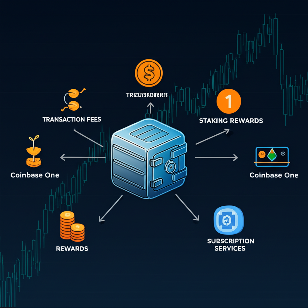 Coinbase收入來源插圖，顯示交易手續費流入中央金庫、資產託管、質押獎勵與訂閱服務如Coinbase One、背景為波動市場圖表與透明財務結構