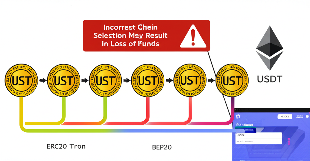 USDT透過不同區塊鏈如ERC20、TRC20、BEP20流向MAX交易所存款位址,並標示錯誤鏈選擇的風險警告
