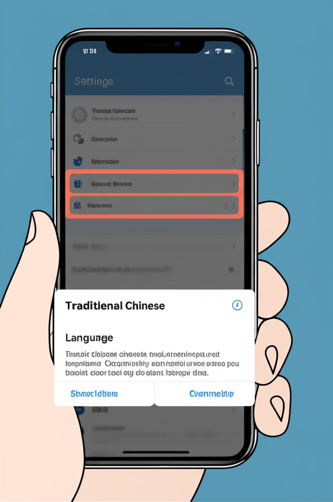 Telegram 手機版語言設定介面示意圖,手持智慧型手機顯示語言選項與確認變更視窗