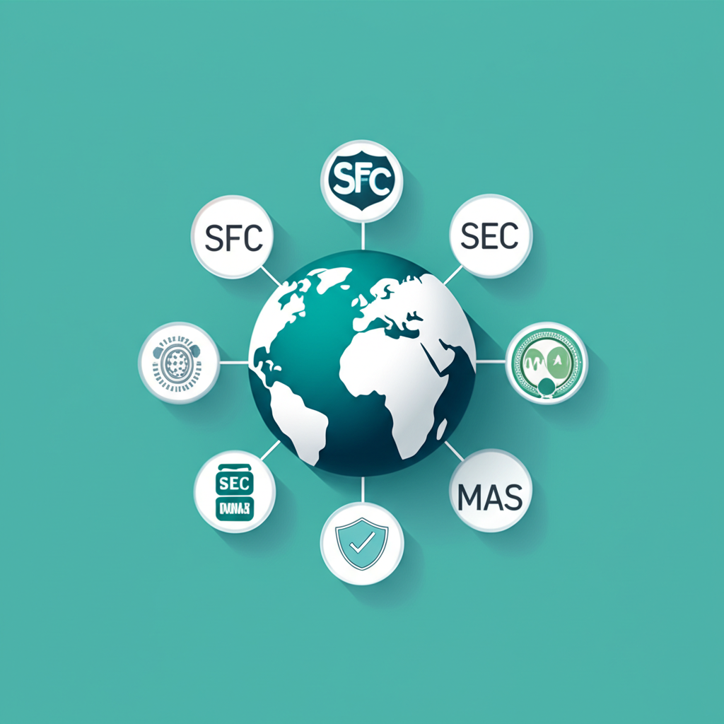 illustration style a globe surrounded by various financial regulatory symbols like SFC SEC FINRA MAS indicating global compliance and security