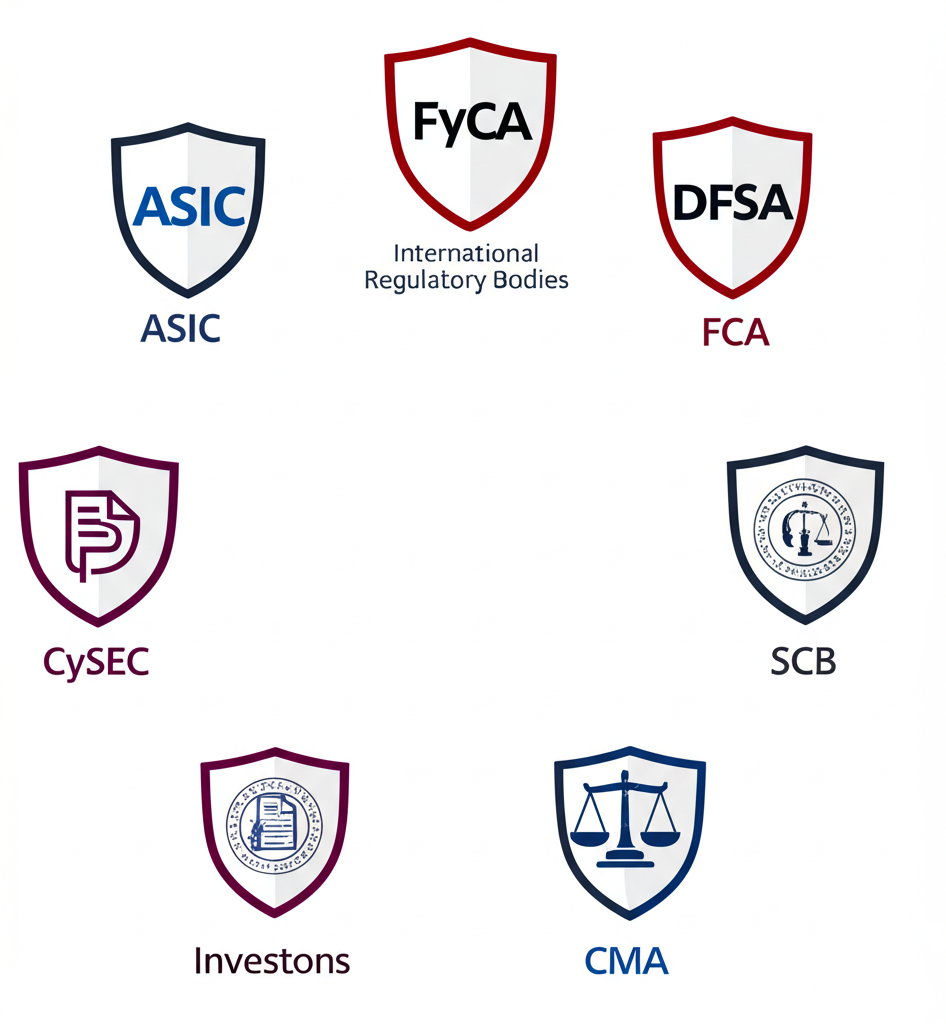 多個國際監管機構 ASIC FCA CySEC DFSA BaFin CMA SCB 插圖,使用盾牌和法律文件保護投資人,確保 Pepperstone 的合規與安全