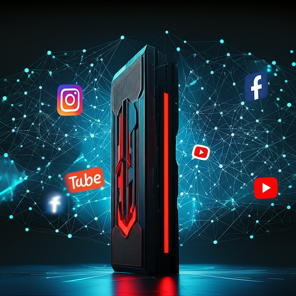 複雜的數位網路圖示,巨大的防火長城阻擋了 Instagram、Facebook 和 YouTube 等國際社群媒體圖標,象徵嚴格的網路審查與資訊控制