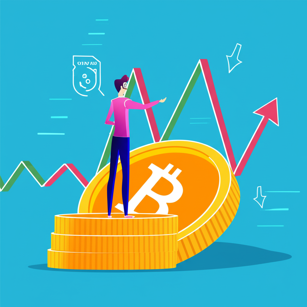 一位投資人自信站立在巨大加密貨幣幣上,觀察波動價格圖表,箭頭顯示多頭與空頭方向,高槓桿圖示旁邊,呈現現代數位交易介面風格插圖