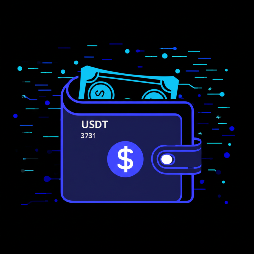 USDT錢包地址示意圖，顯示數字錢包與美元符號代表穩定幣