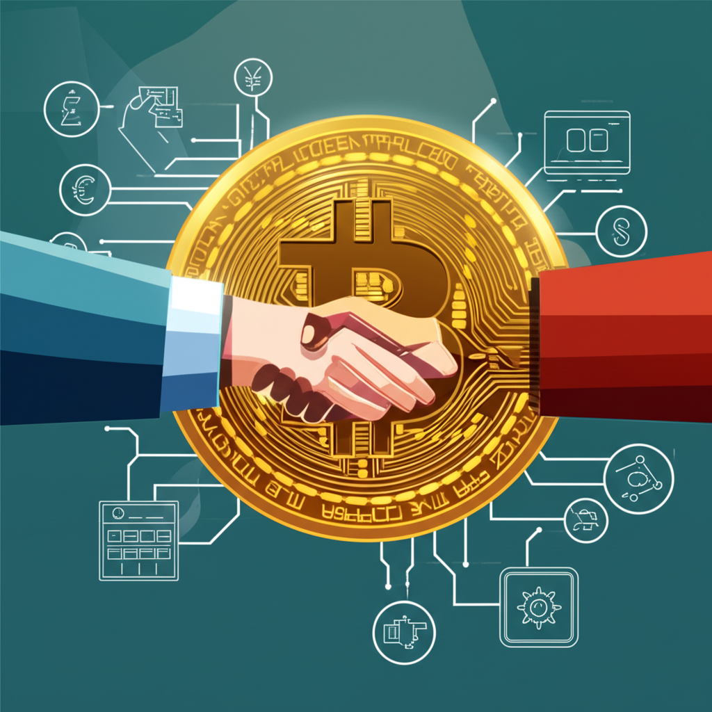 比特幣價值來源圖示，包括金色比特幣幣象徵稀缺性如黃金、人們握手代表市場共識，以及全球支付和價值儲存符號代表應用潛力