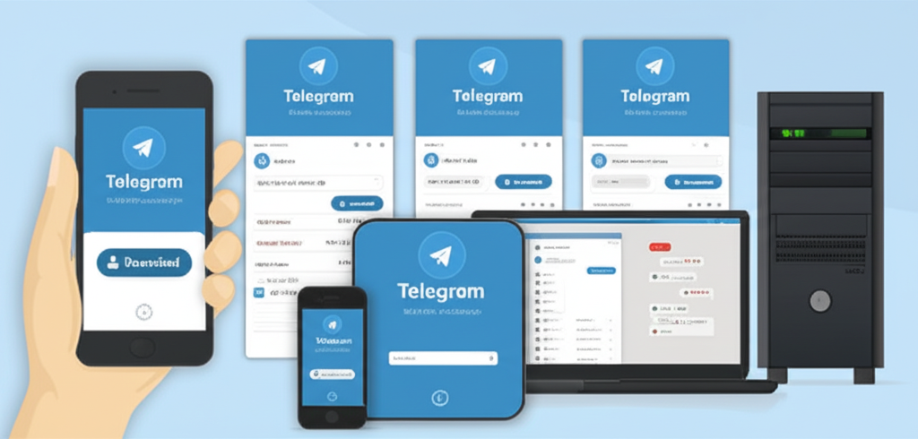 多種裝置如手機、筆電與桌機顯示 Telegram 介面，下載按鈕與地球圖示，突顯跨平台可用性