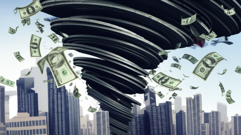 金融風暴衝擊城市，建築倒塌，金錢飛散，象徵經濟不確定性與社會衝擊的插畫