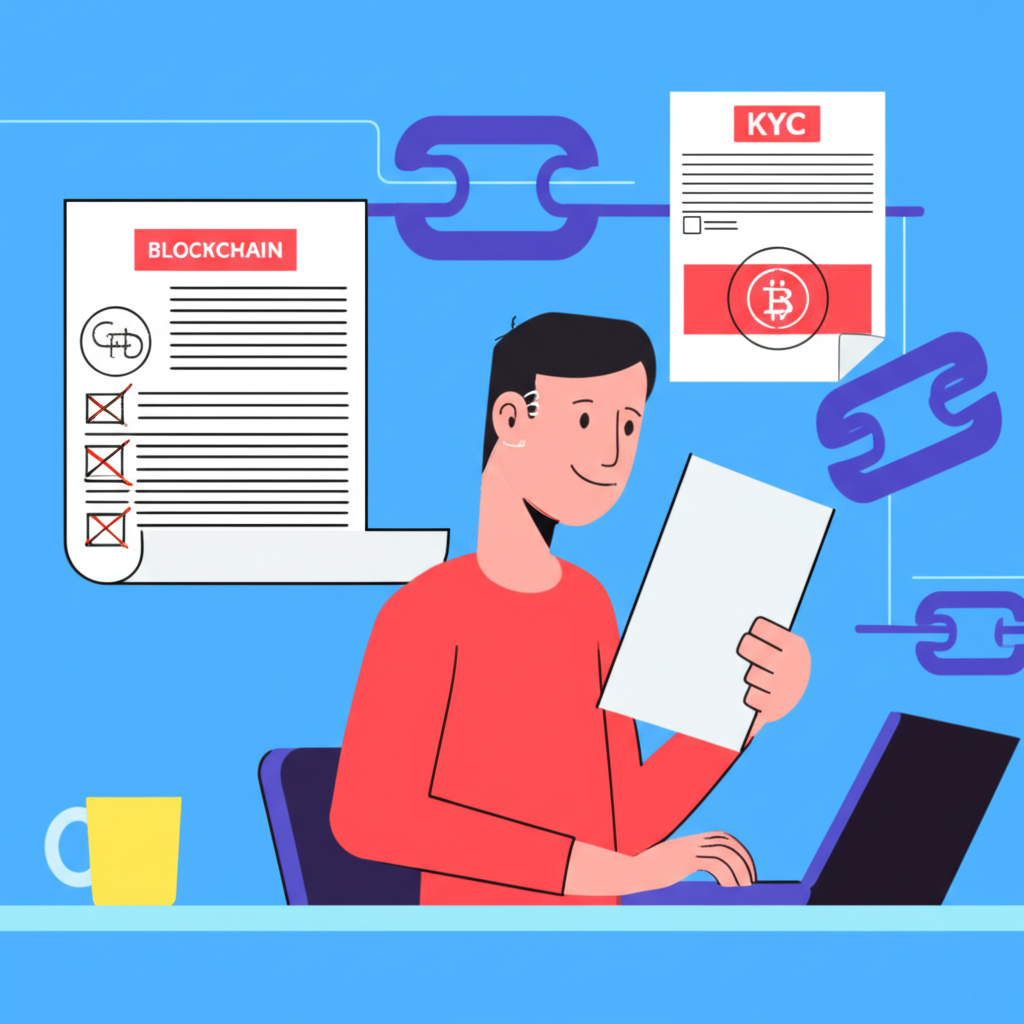 An illustration of a person reading about bitcoin concepts with a blockchain background and documents for KYC emphasizing essential knowledge and preparation