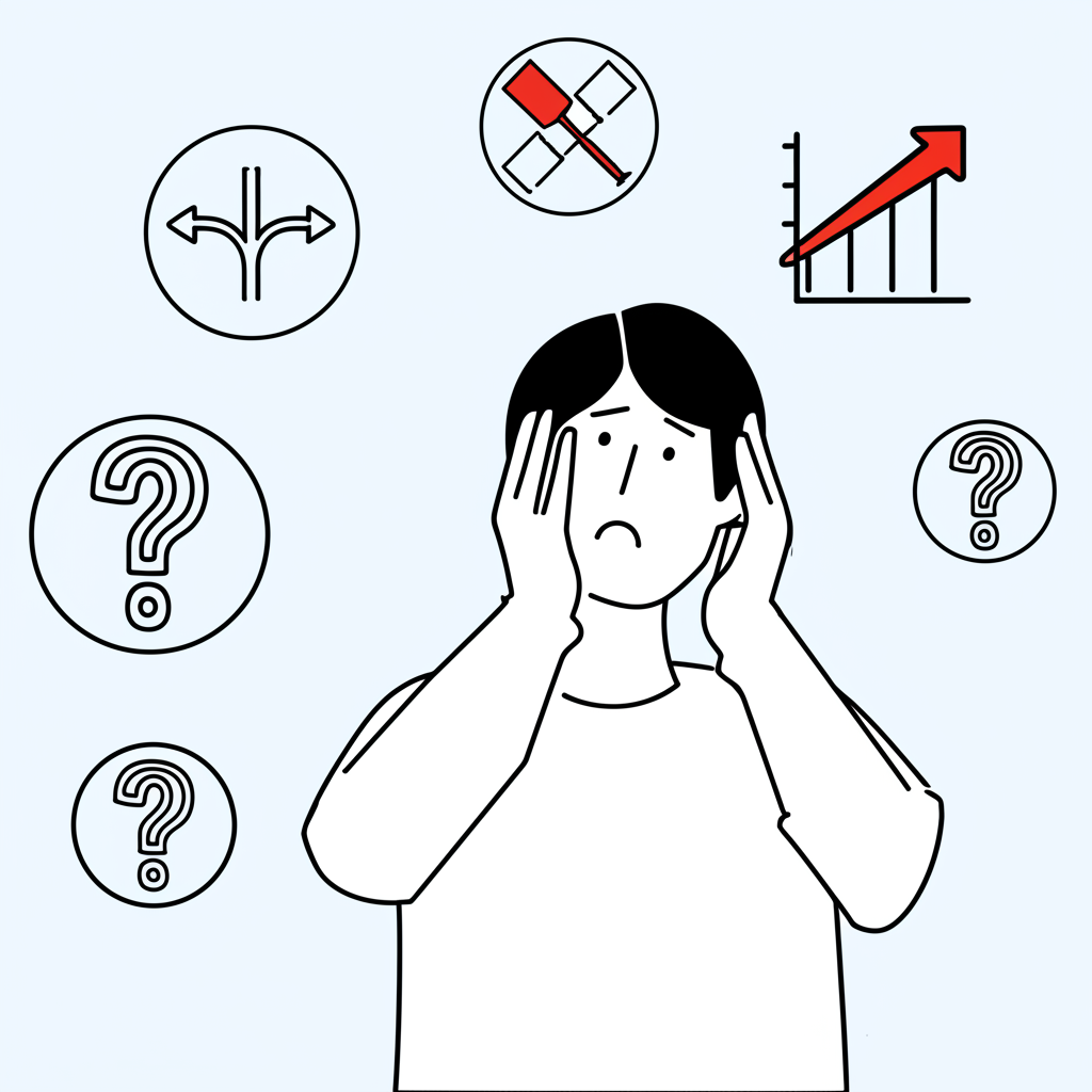 插圖描繪一個人困惑地看著代表「option」的各種符號，包括問號、選擇圖示與股市圖表，凸顯其在中文中多重含義的挑戰