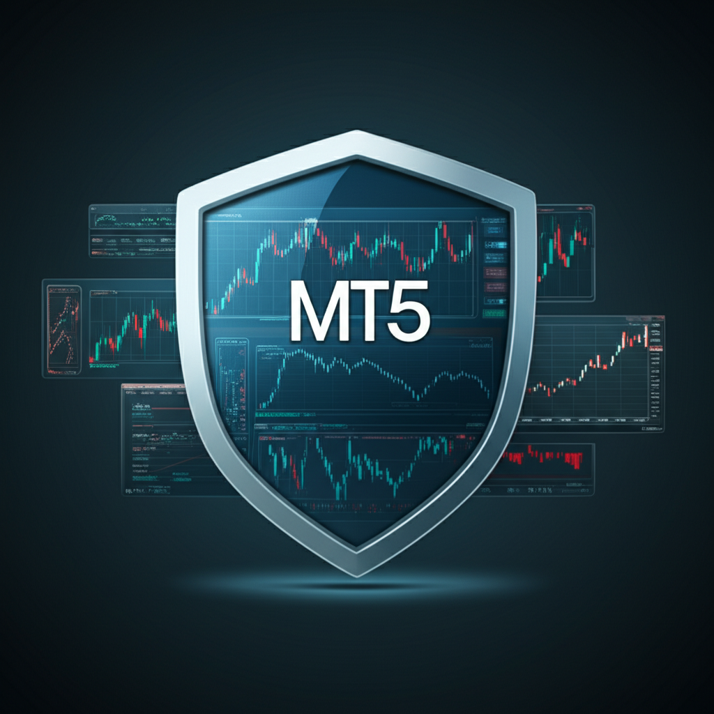 An illustration of the official MT5 logo and interface with various financial charts and data points surrounded by a shield indicating security and legitimacy representing its global use by regulated brokers illustration style