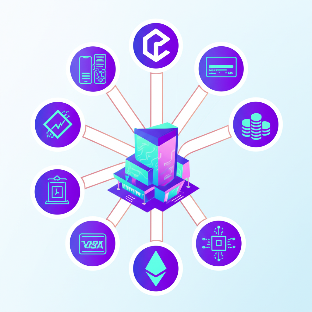 Crypto.com全面加密生態系統插圖,展示交易所與App、Visa卡、NFT平台及Cronos區塊鏈的連接