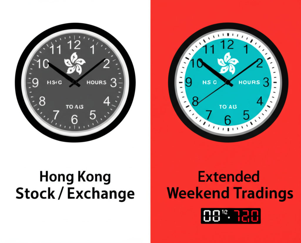 顯示兩組時鐘，一組為港股正常交易時間，另一組為HS50黑期延長交易時段，強調時間差異與市場可及性