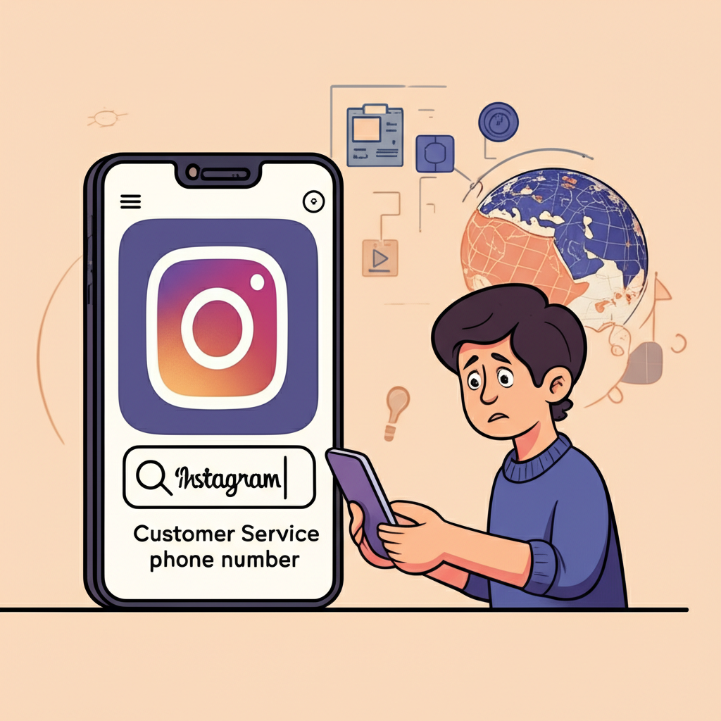 插畫描繪一個人困惑地盯著智慧型手機螢幕上的Instagram圖示，試圖尋找客服電話號碼，背景中顯示自動化系統正在全球運作