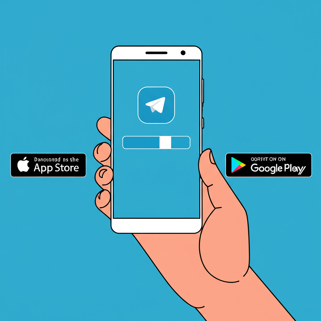手持智慧型手機顯示 Telegram app 圖示,從 App Store 和 Google Play 下載,描繪直覺且便利的行動通訊體驗