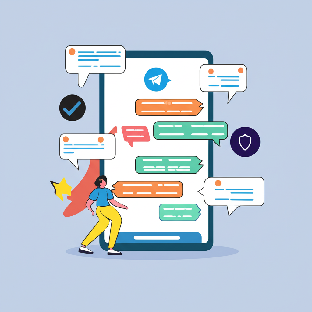 使用者在 Telegram 中文介面中順暢導航,周圍環繞對話氣泡和資訊流,象徵高效溝通、社群參與與隱私安全圖示