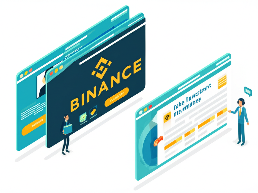 illustration of a digital landscape showing a phishing website mimicking Binance an impostor customer service agent on a phone call and a fake investment opportunity advertisement all designed to trick users