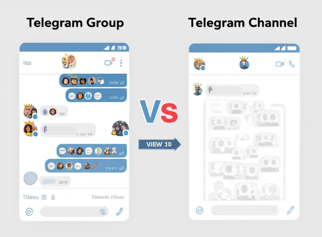 Telegram群組與頻道功能與設計差異的視覺比較插圖,強調使用者互動方式