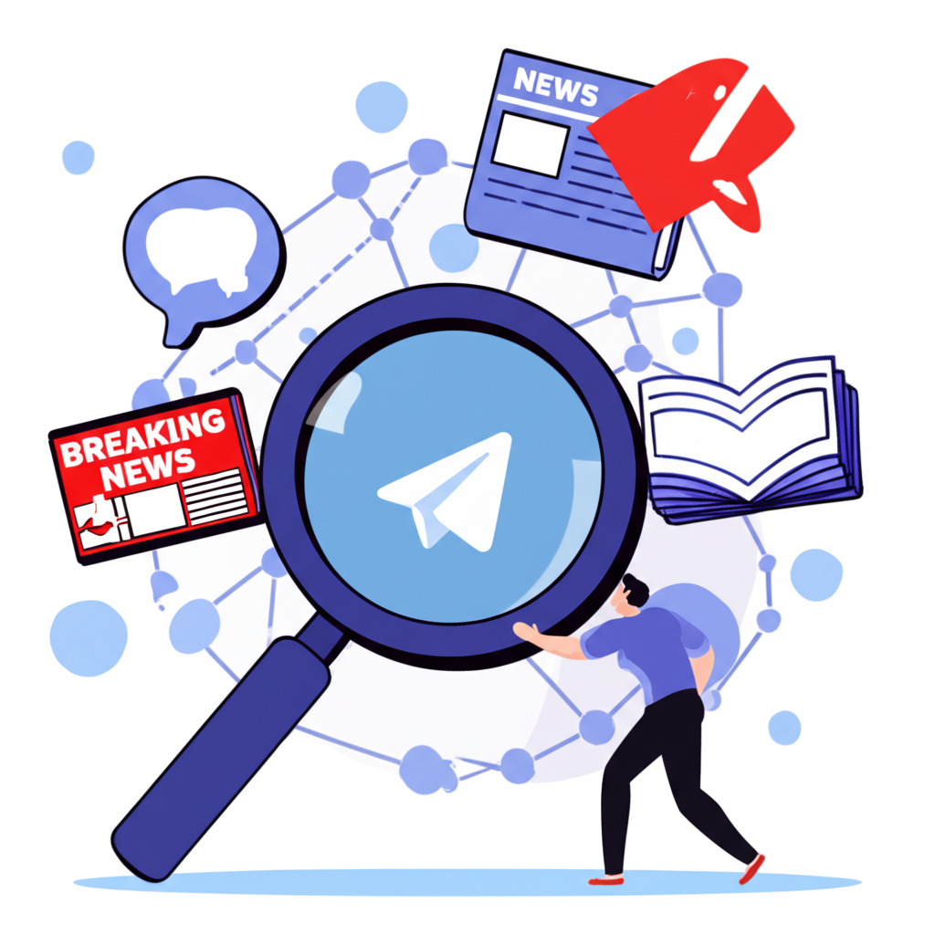 illustration of a person navigating a vast digital information landscape with a magnifying glass representing Telegram search surrounded by floating icons of news, knowledge, and community