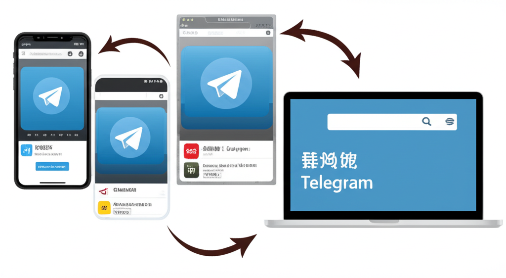智慧型手機、筆電和網頁瀏覽器顯示 Telegram 中文介面,箭頭指向各平台,象徵全面語言轉換指南確保無縫通訊