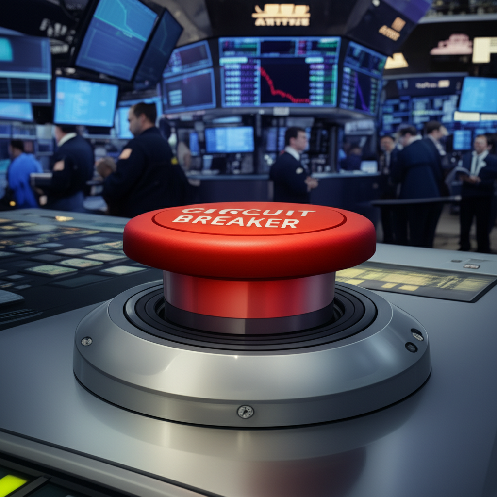 插圖顯示交易大廳中醒目的紅色熔斷按鈕，螢幕上S&P 500指數急速下滑，象徵市場冷卻機制的啟動