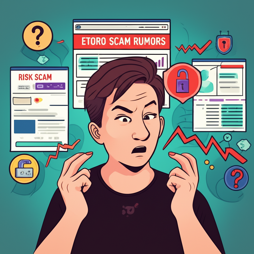 投資者困惑於 eToro 詐騙傳聞與官方資訊的圖示,伴隨風險與安全符號