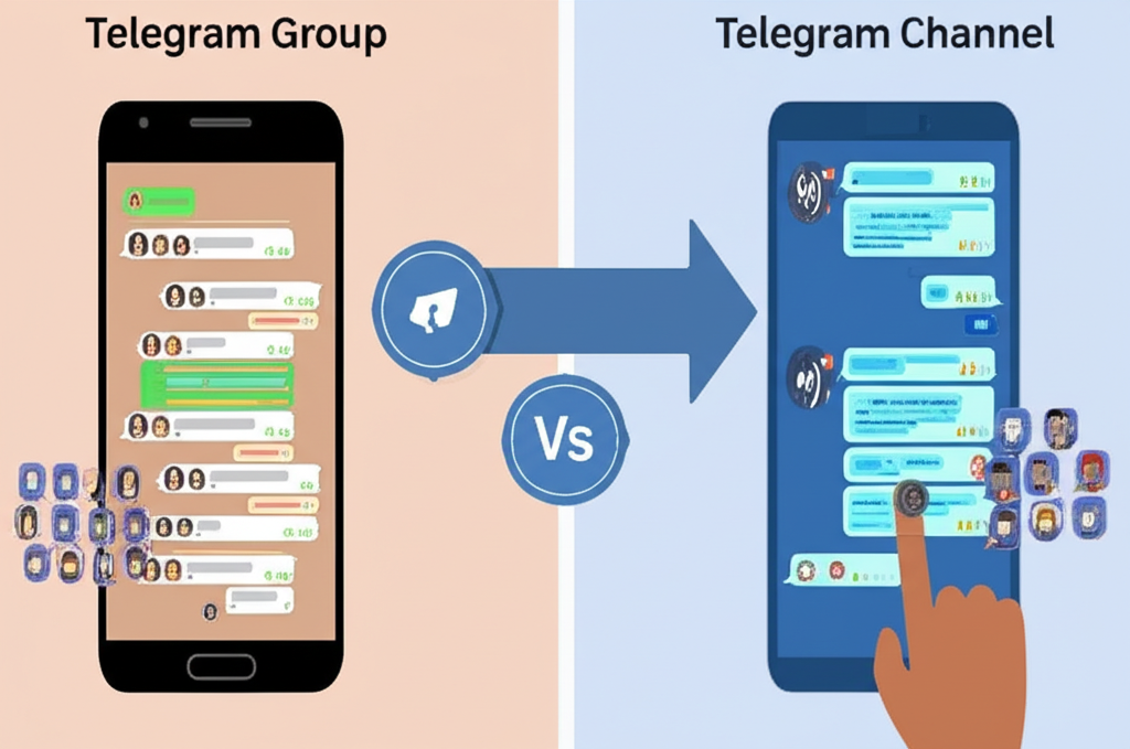 Telegram 群組與頻道比較的資訊圖,展示互動式多用戶聊天與單向廣播平台的差異,包括成員、訊息與管理圖示