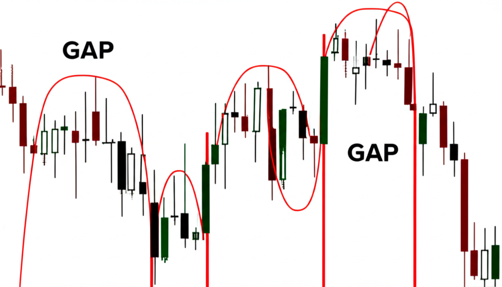 An illustration showcasing four distinct types of stock market gaps common breakaway runaway and exhaustion gaps on a K-line chart each with unique characteristics and market implications for trend analysis