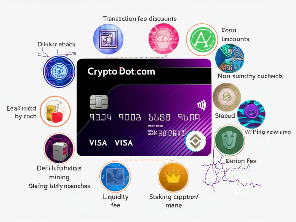 CRO 幣在交易折扣、DeFi、NFT 與質押等場景中的應用，以及金屬 Visa 卡的現金回饋示意圖