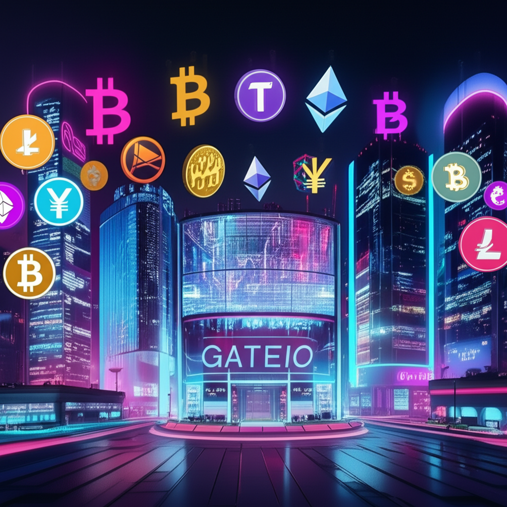 Gate.io 交易所全球領導地位插圖，展示未來數位城市與加密貨幣符號環繞的交易所建築