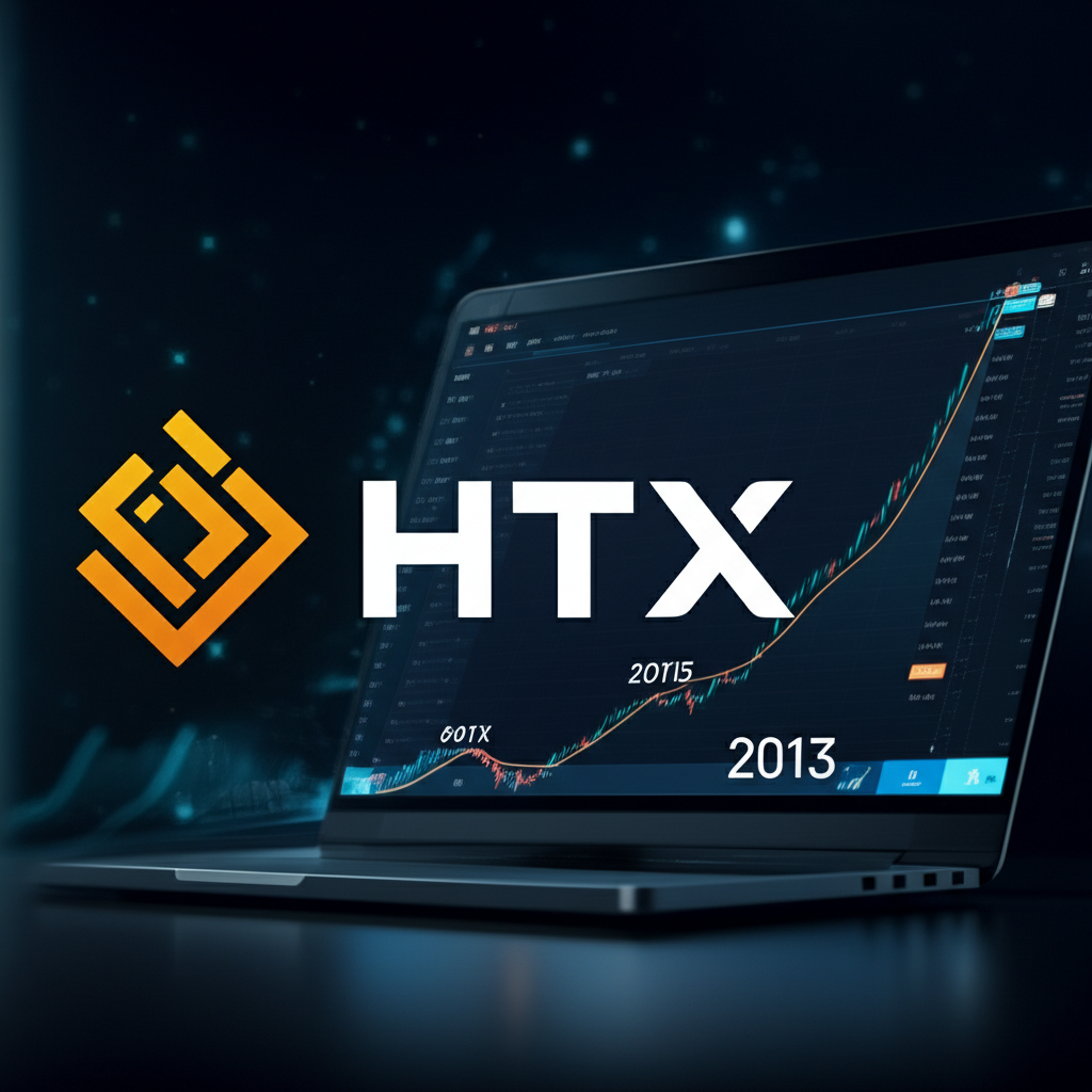 An illustration showing a dynamic cryptocurrency market with a transforming exchange platform named HTX evolving from its past as Huobi representing significant growth and adaptation since 2013
