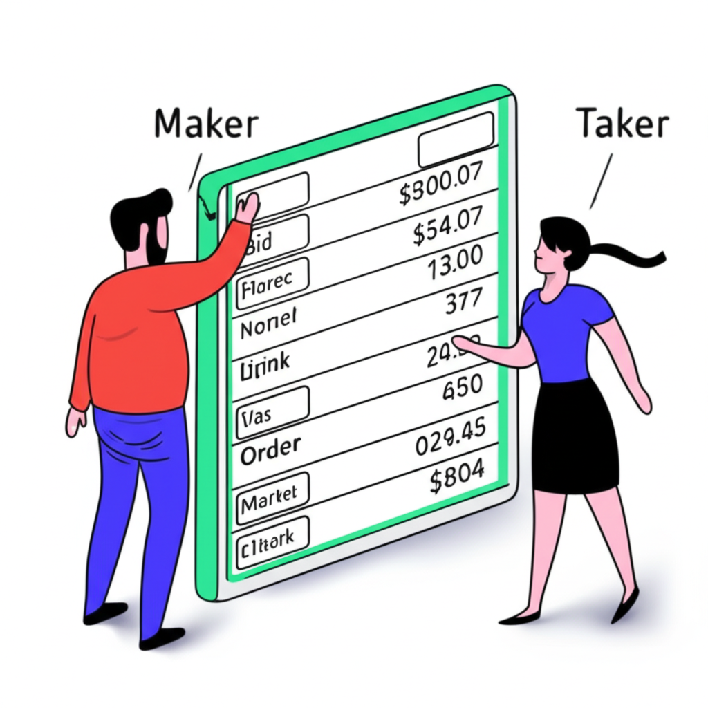 Maker 和 Taker 兩個角色在加密貨幣交易所的訂單簿中互動,代表提供與消耗流動性的插圖