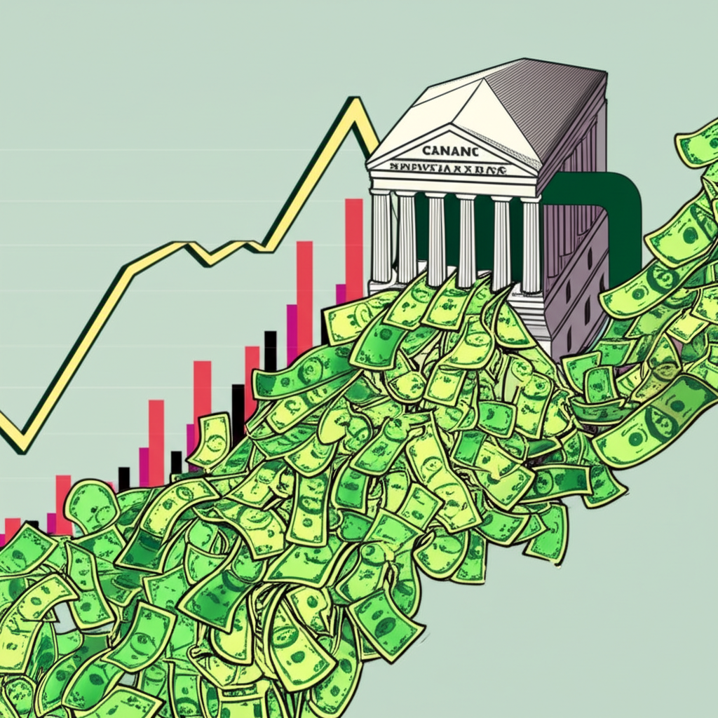 央行注入無盡資金流向金融體系的插圖,顯示數位貨幣購買政府債券與抵押貸款證券,壓低長期利率並穩定市場的機制