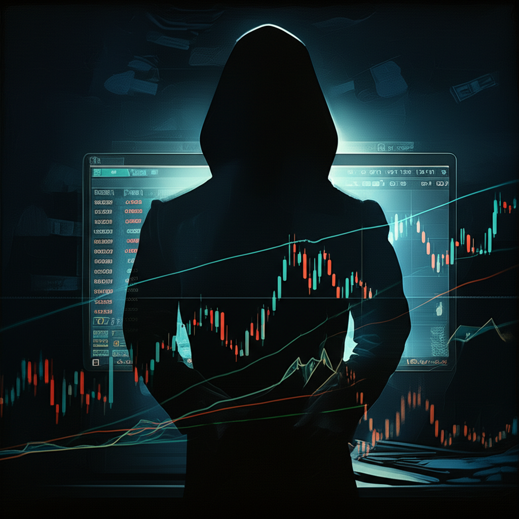 An illustration of a legitimate MT5 trading platform with charts and financial symbols being overshadowed by a shadowy figure representing a scam group manipulating it a dark and deceptive atmosphere illustration style