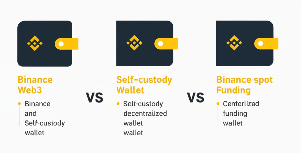 幣安Web3錢包與現貨、資金錢包的視覺比較,強調自託管去中心化特性的插圖