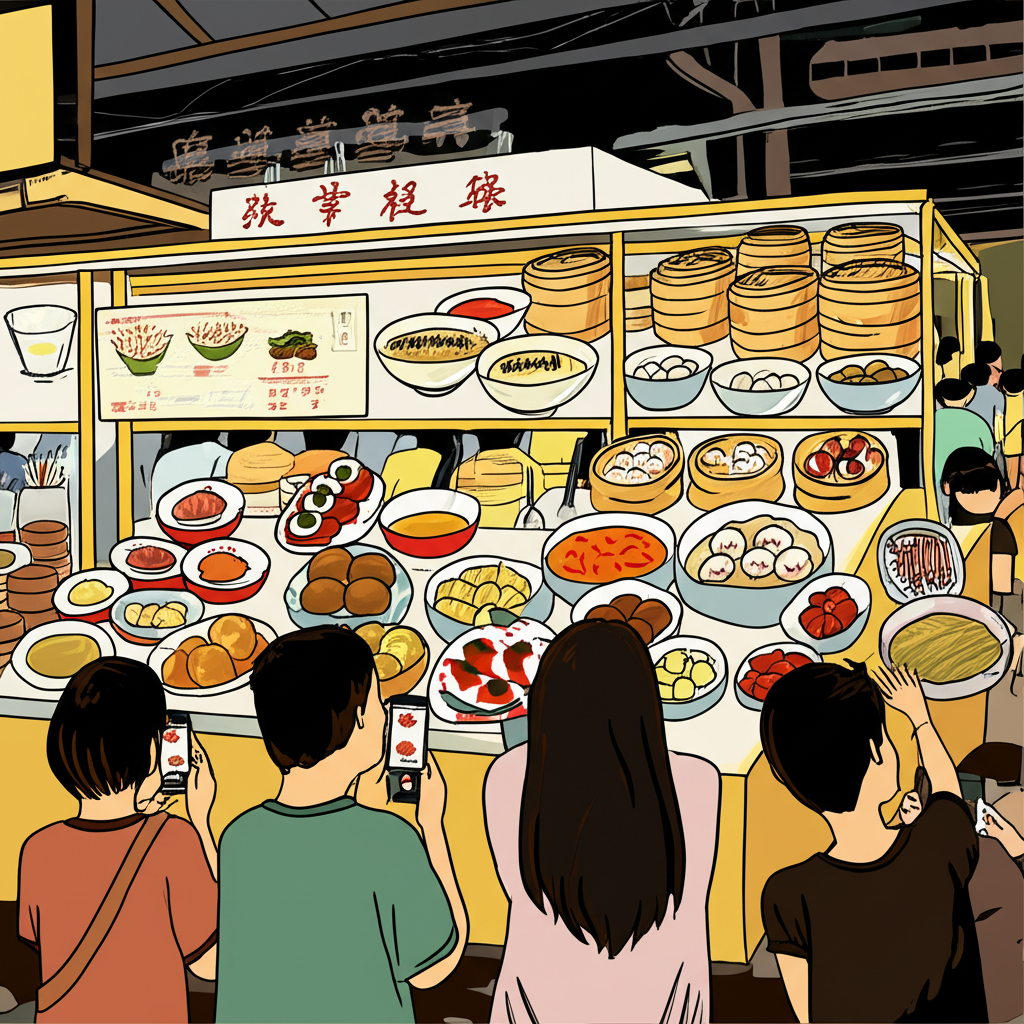 繁忙的香港街頭美食市場插圖,展示點心、麵食與甜點等美味菜餚擺放在攤位上,人們興奮地用手機拍照