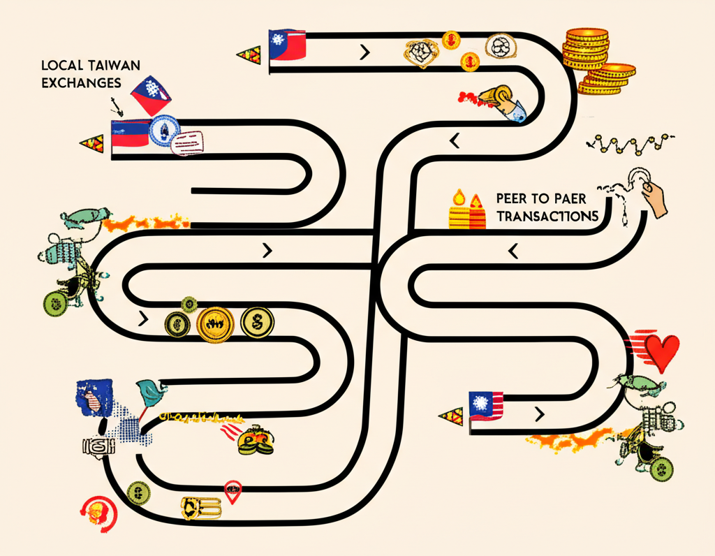 Illustration of three distinct pathways for cryptocurrency exchange one representing local Taiwan exchanges one for global exchanges and another for peer to peer transactions each with unique advantages and challenges