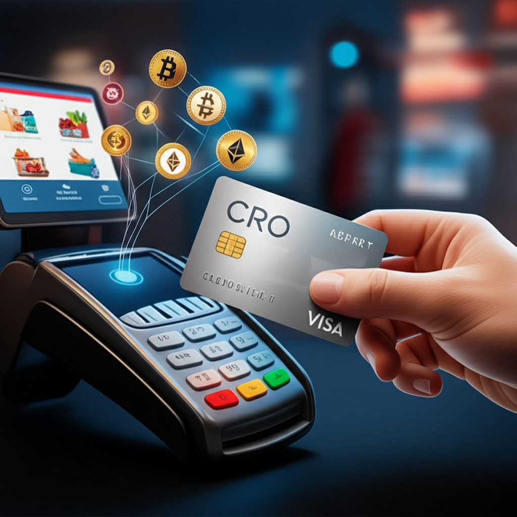 使用者手持CRO Visa卡在全球商店消費，周圍浮現加密貨幣符號連結日常購物項目，並有Crypto.com平台介面背景