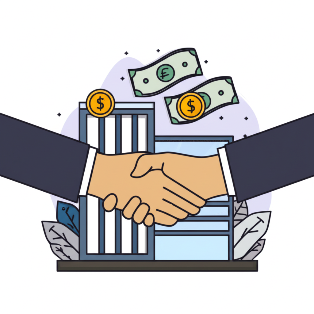 插畫風格，個人與企業握手，資金流動象徵外部資金注入投資、營運與擴張，展現財務成長與機會