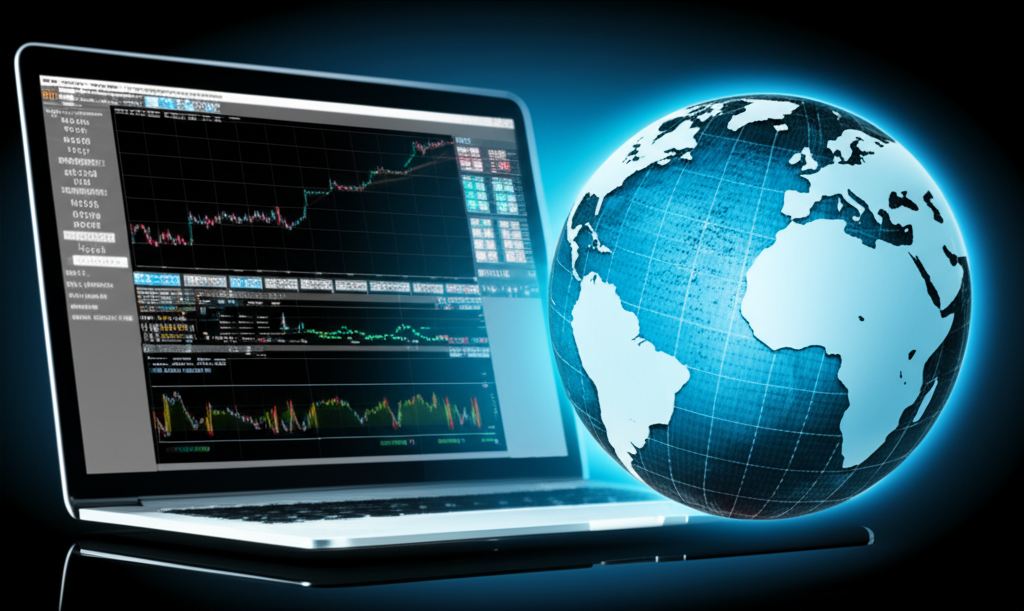 MetaTrader 4 交易平台介面示意圖,顯示金融圖表、即時報價與全球連線