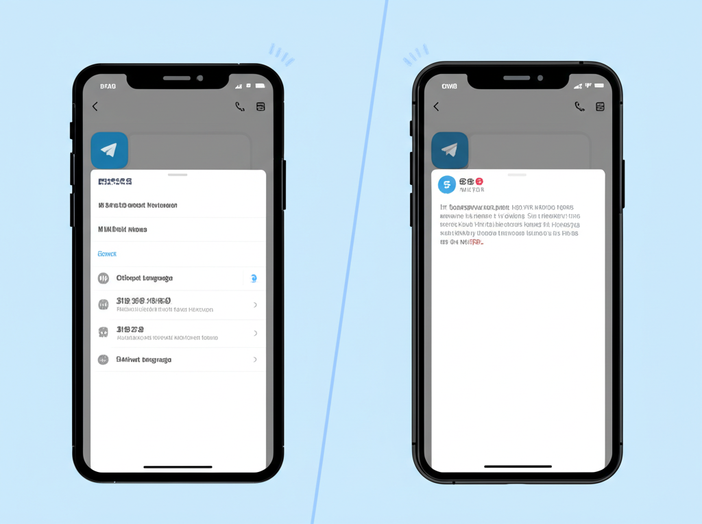 Android 與 iPhone 分屏插圖,顯示 Telegram app 開啟狀態,示範手機版中文語言設定直覺步驟,使用者友善的行動裝置調整
