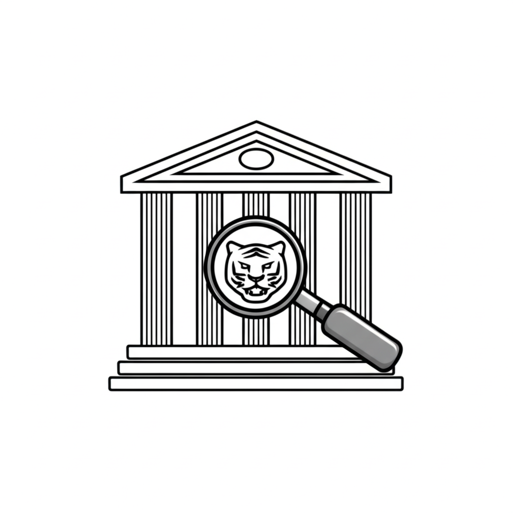 illustration style a trusted financial institution building with a tiger logo and a magnifying glass examining its legitimacy