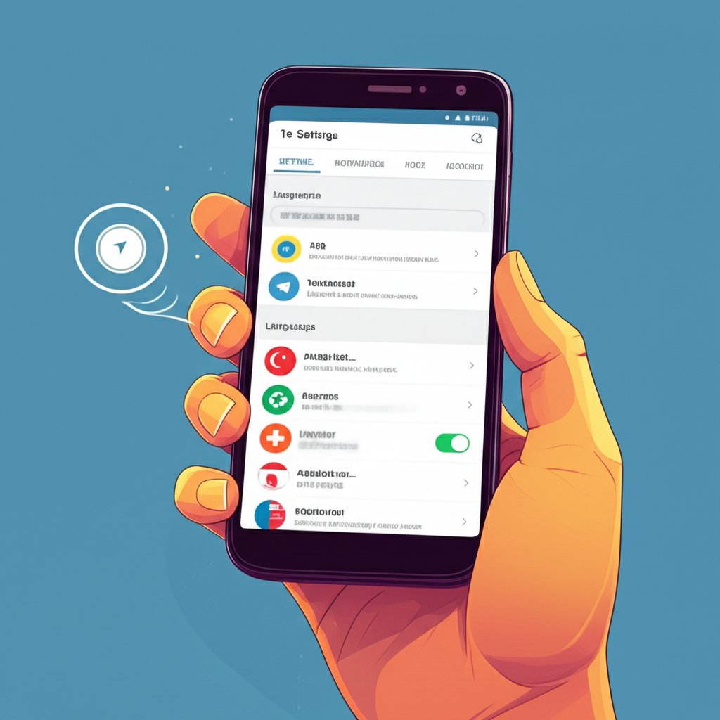 手持手機顯示 Telegram 設定畫面,清楚標示繁體中文語言選項的生動插圖